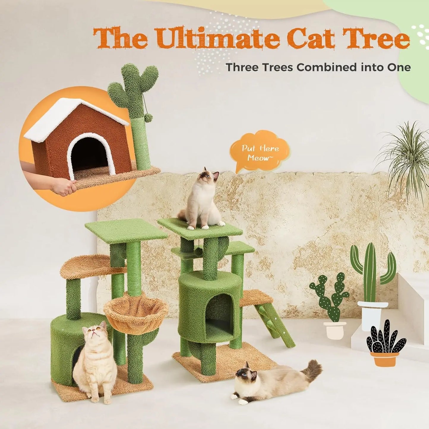 Cat Tree Tower with Sisal Scratching Posts, Hammock, Ladder, and Feeding Bowl