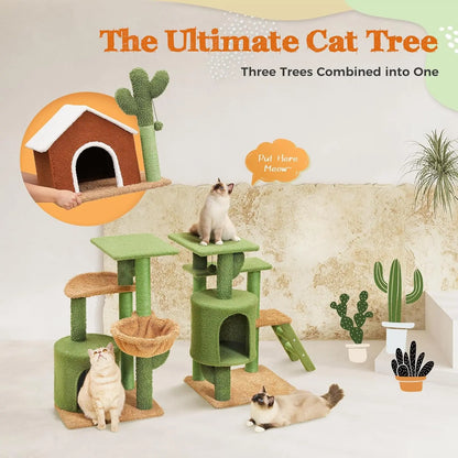 Cat Tree Tower with Sisal Scratching Posts, Hammock, Ladder, and Feeding Bowl