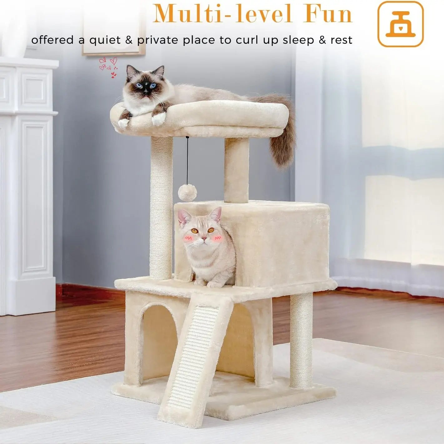 Cat Tree Tower with Sisal Scratching Posts, Hammock, Ladder, and Feeding Bowl