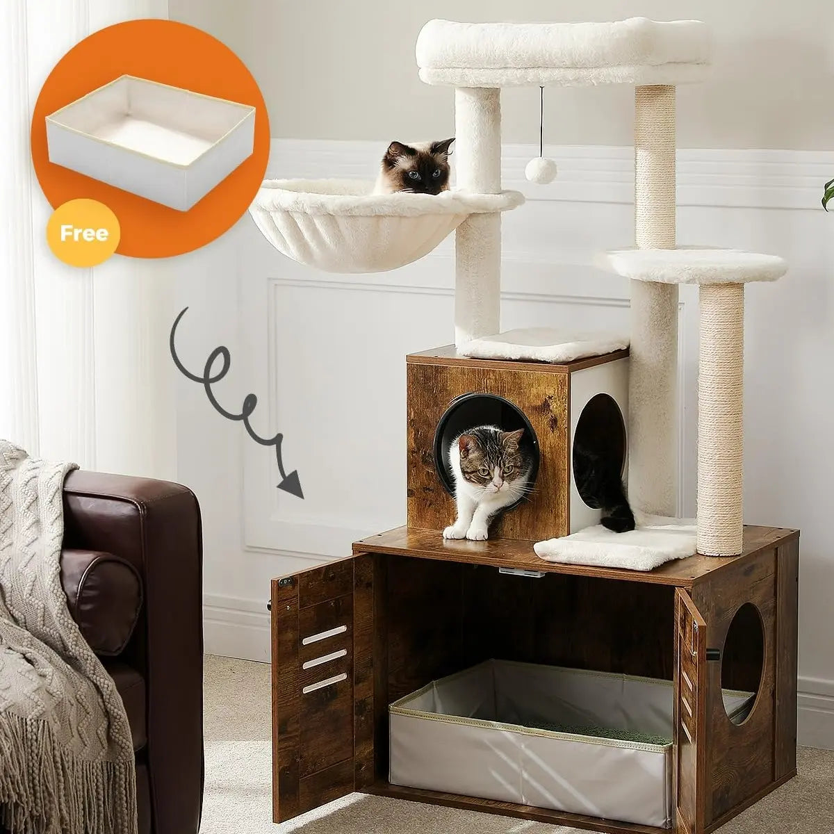Cat Tree Tower with Sisal Scratching Posts, Hammock, Ladder, and Feeding Bowl