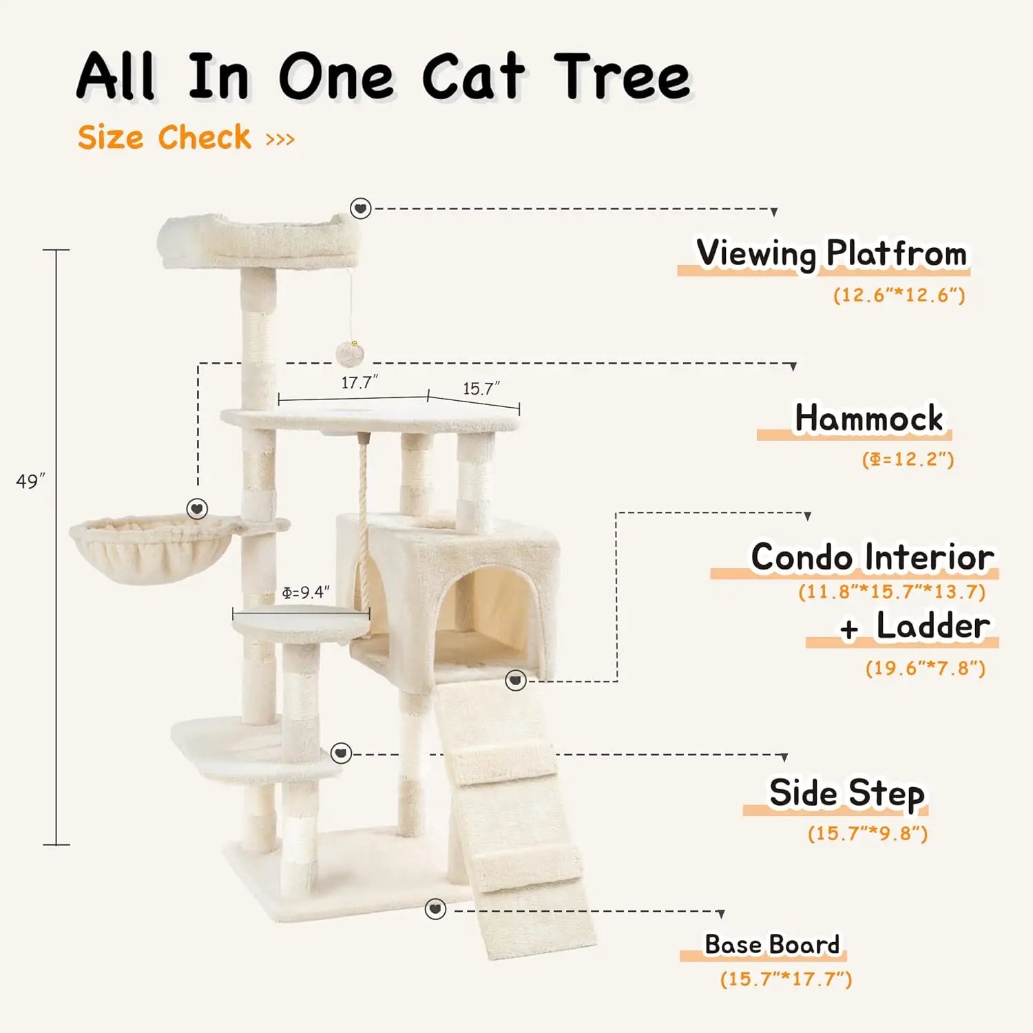 Cat Tree Tower with Sisal Scratching Posts, Hammock, Ladder, and Feeding Bowl