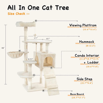 Cat Tree Tower with Sisal Scratching Posts, Hammock, Ladder, and Feeding Bowl