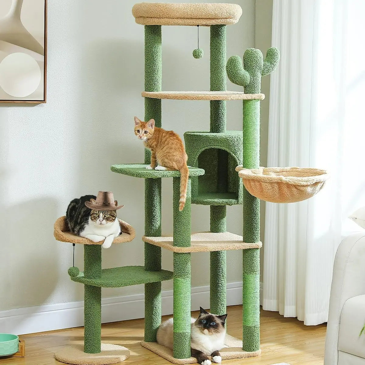 Cat Tree Tower with Sisal Scratching Posts, Hammock, Ladder, and Feeding Bowl