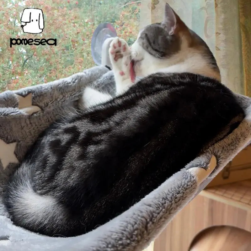 POMESEA Cat Window Perch with Hook Design, Glow in the Dark Sunbathing Hammock, Foldable Window Seat with Double-Sided Fabric Cover for Large Cats