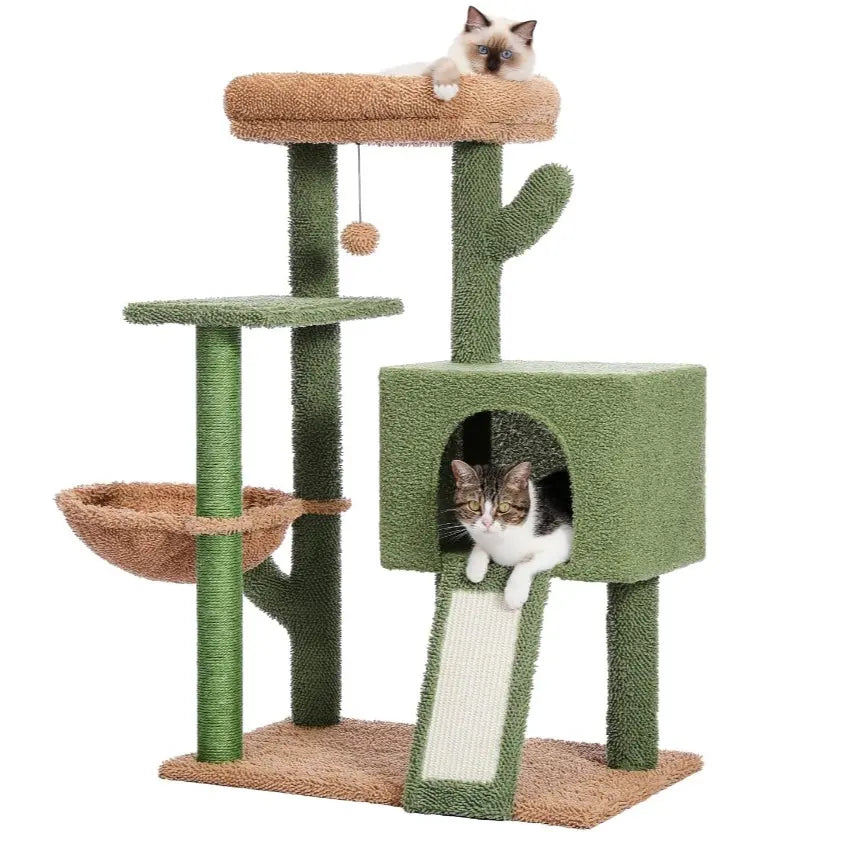 Cat Tree Tower with Sisal Scratching Posts, Hammock, Ladder, and Feeding Bowl