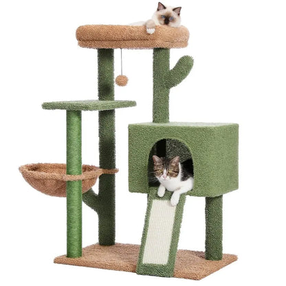 Cat Tree Tower with Sisal Scratching Posts, Hammock, Ladder, and Feeding Bowl