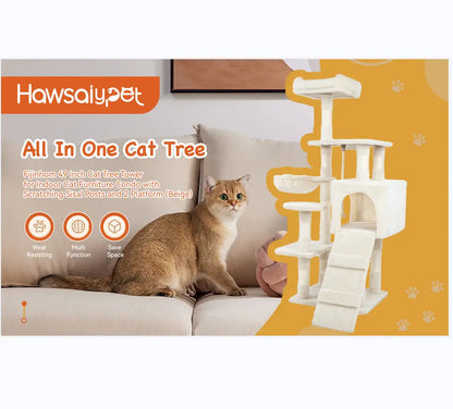Cat Tree Tower with Sisal Scratching Posts, Hammock, Ladder, and Feeding Bowl