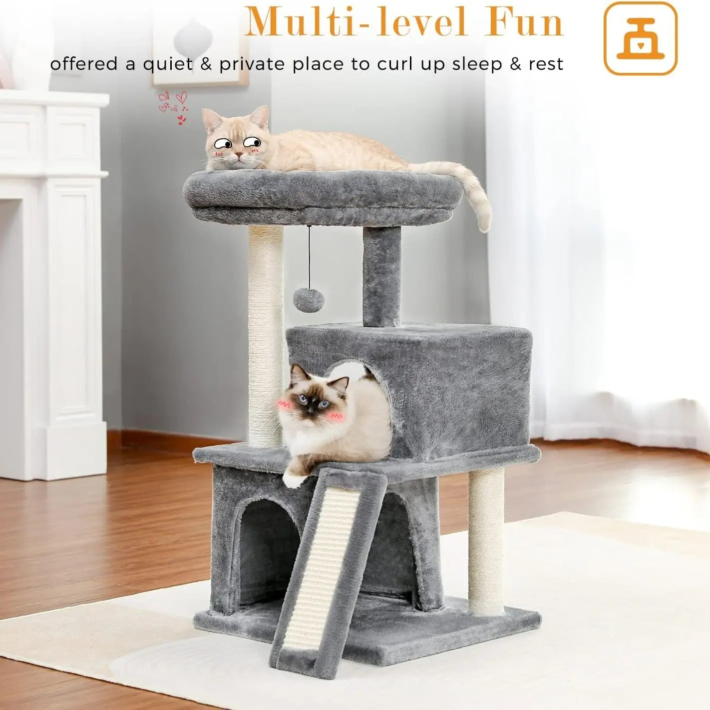 Cat Tree Tower with Sisal Scratching Posts, Hammock, Ladder, and Feeding Bowl