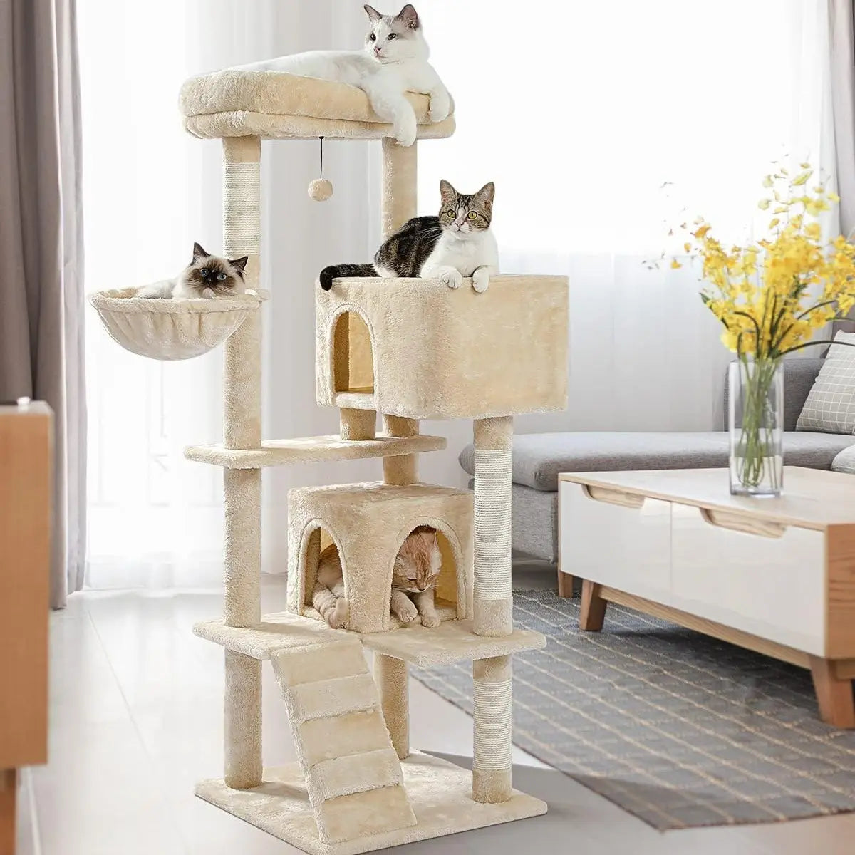 Cat Tree Tower with Sisal Scratching Posts, Hammock, Ladder, and Feeding Bowl