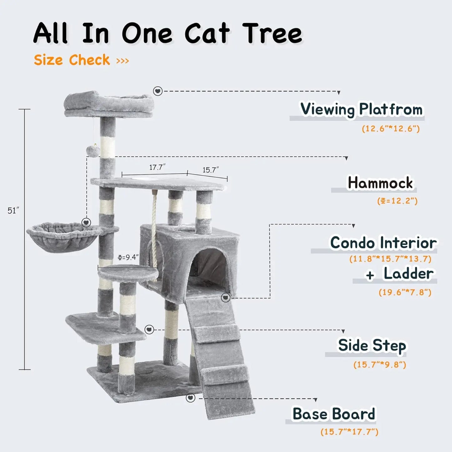 Cat Tree Tower with Sisal Scratching Posts, Hammock, Ladder, and Feeding Bowl