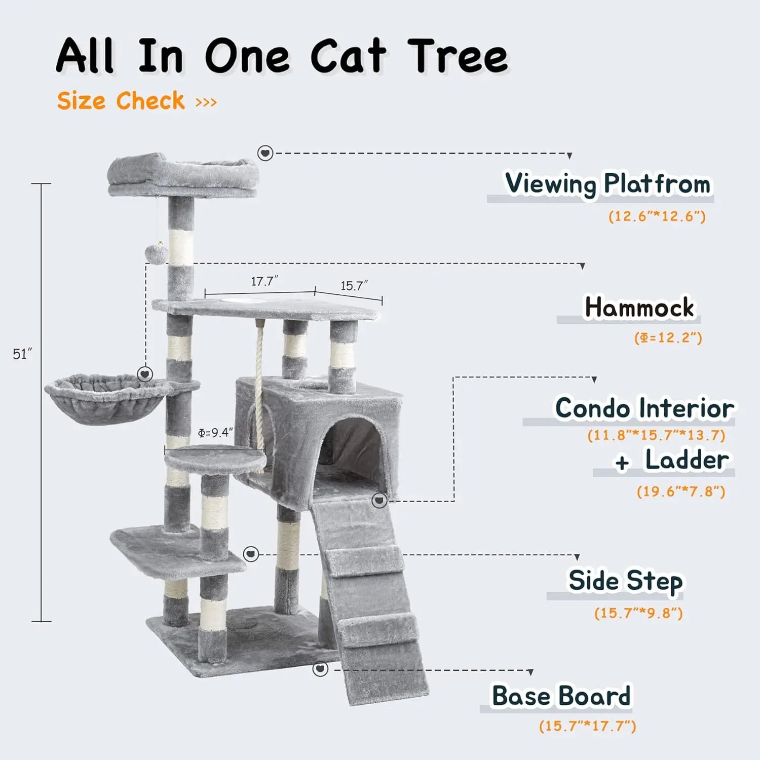 Cat Tree Tower with Sisal Scratching Posts, Hammock, Ladder, and Feeding Bowl