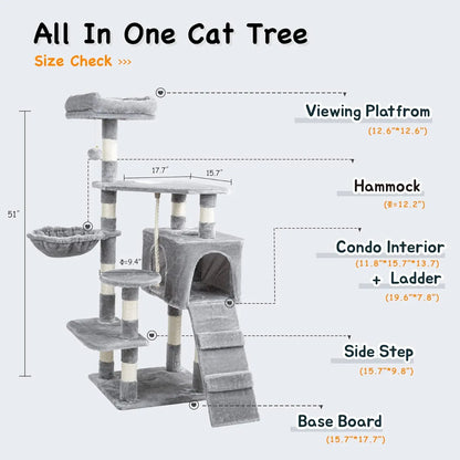 Cat Tree Tower with Sisal Scratching Posts, Hammock, Ladder, and Feeding Bowl