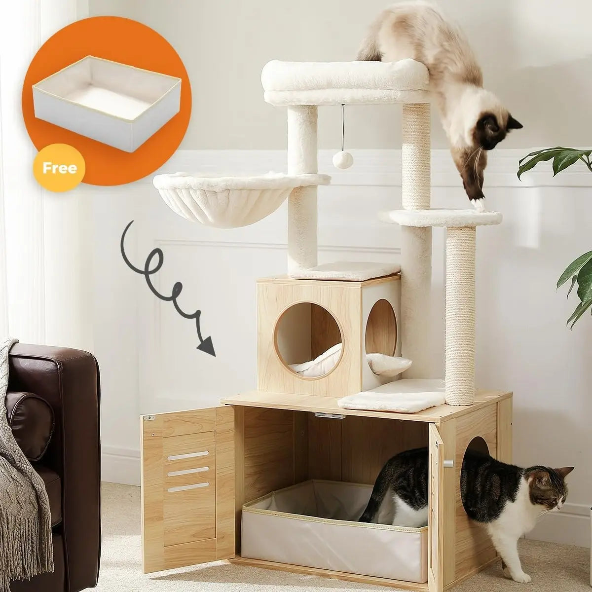 Cat Tree Tower with Sisal Scratching Posts, Hammock, Ladder, and Feeding Bowl