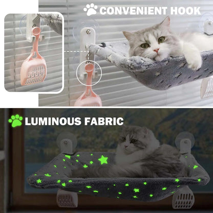 POMESEA Cat Window Perch with Hook Design, Glow in the Dark Sunbathing Hammock, Foldable Window Seat with Double-Sided Fabric Cover for Large Cats
