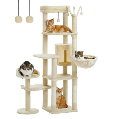 Cat Tree Tower with Sisal Scratching Posts, Hammock, Ladder, and Feeding Bowl